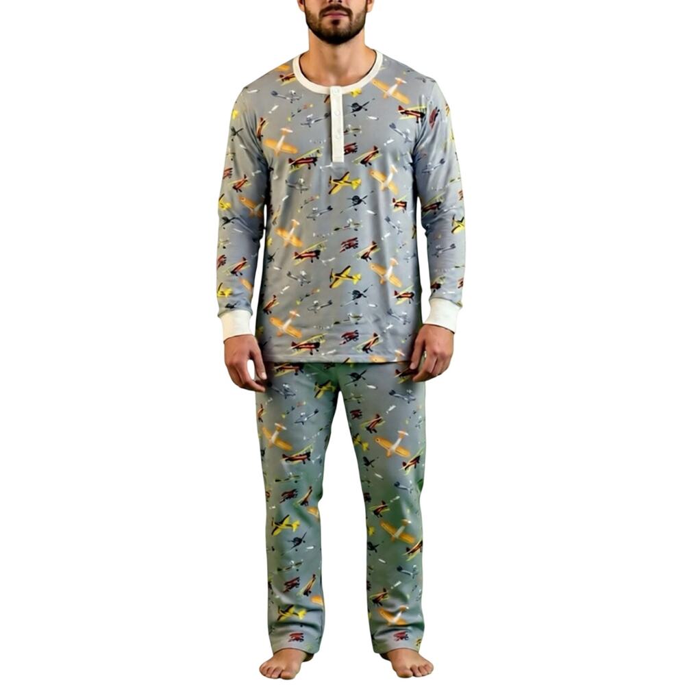 Hart+Land Airplanes Patterned Organic Pima Cotton Men’s Pajama Set Size L